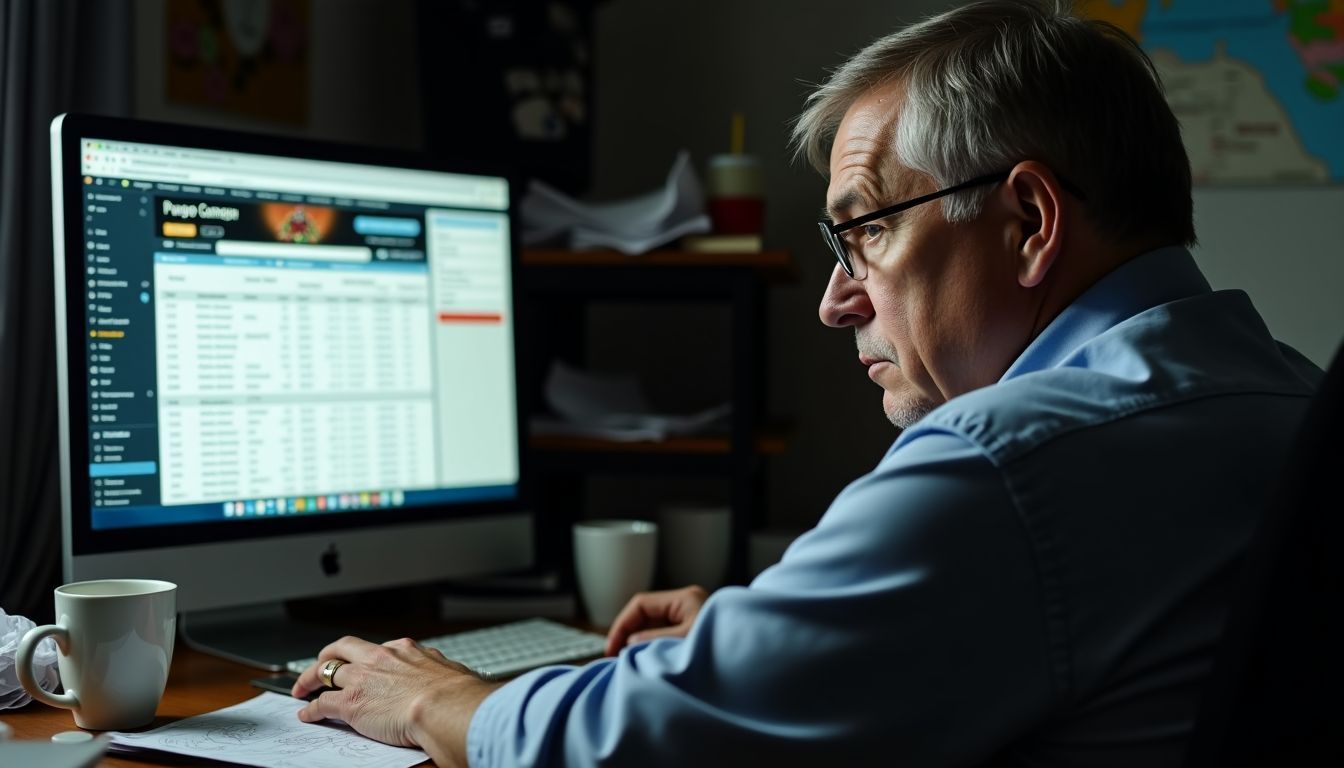 A man sits at a cluttered desk, focused on a gambling website. A man sits at a cluttered desk, focused on a gambling website.
